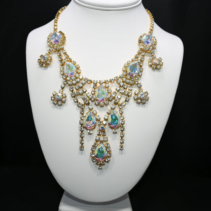 Aurora Borealis Rhinestone Frontal Necklace, Gold Plated, 21 Inches, 1970s Vintage Jewelry
