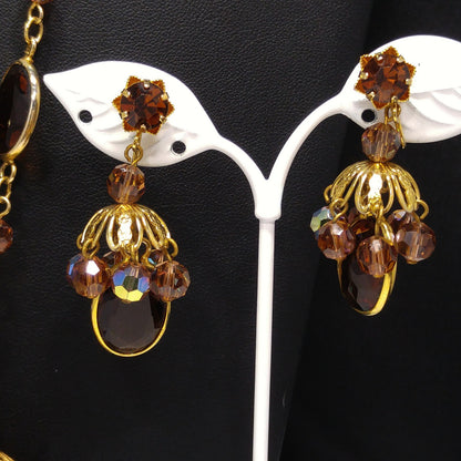 Filigree Chandelier Pendant Necklace & Earrings, Topaz Crystal Beads, 1970s Vintage Jewelry