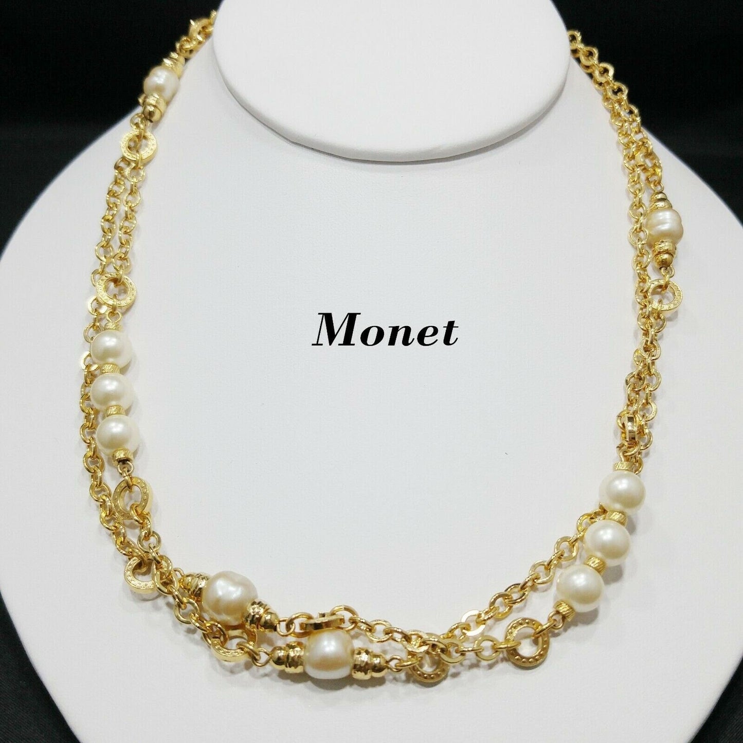 Vintage Monet Long Gold Chain Necklace Faux Pearls 1970s Sister Clasp 36"