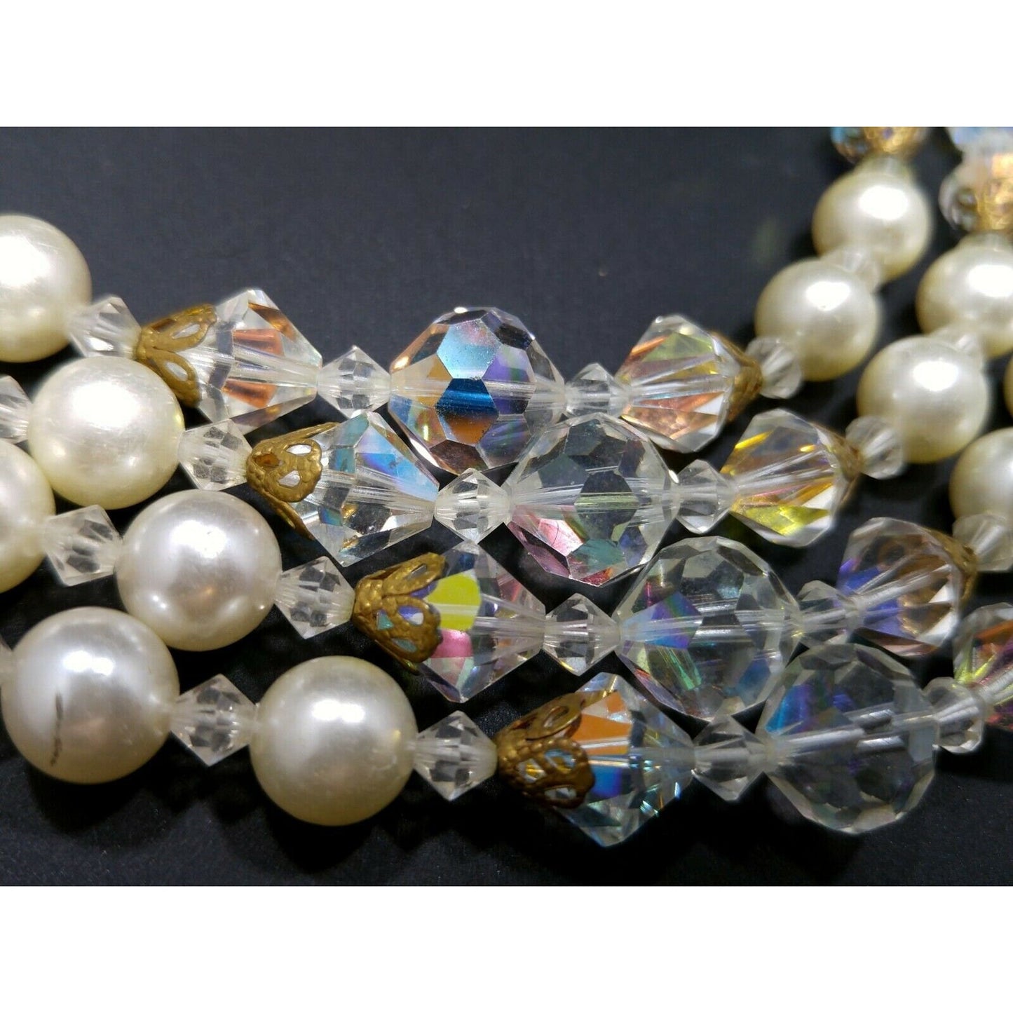 Mid Century AB Crystal Bead Necklace, Faux Pearls, Aurora Borealis, 1960s