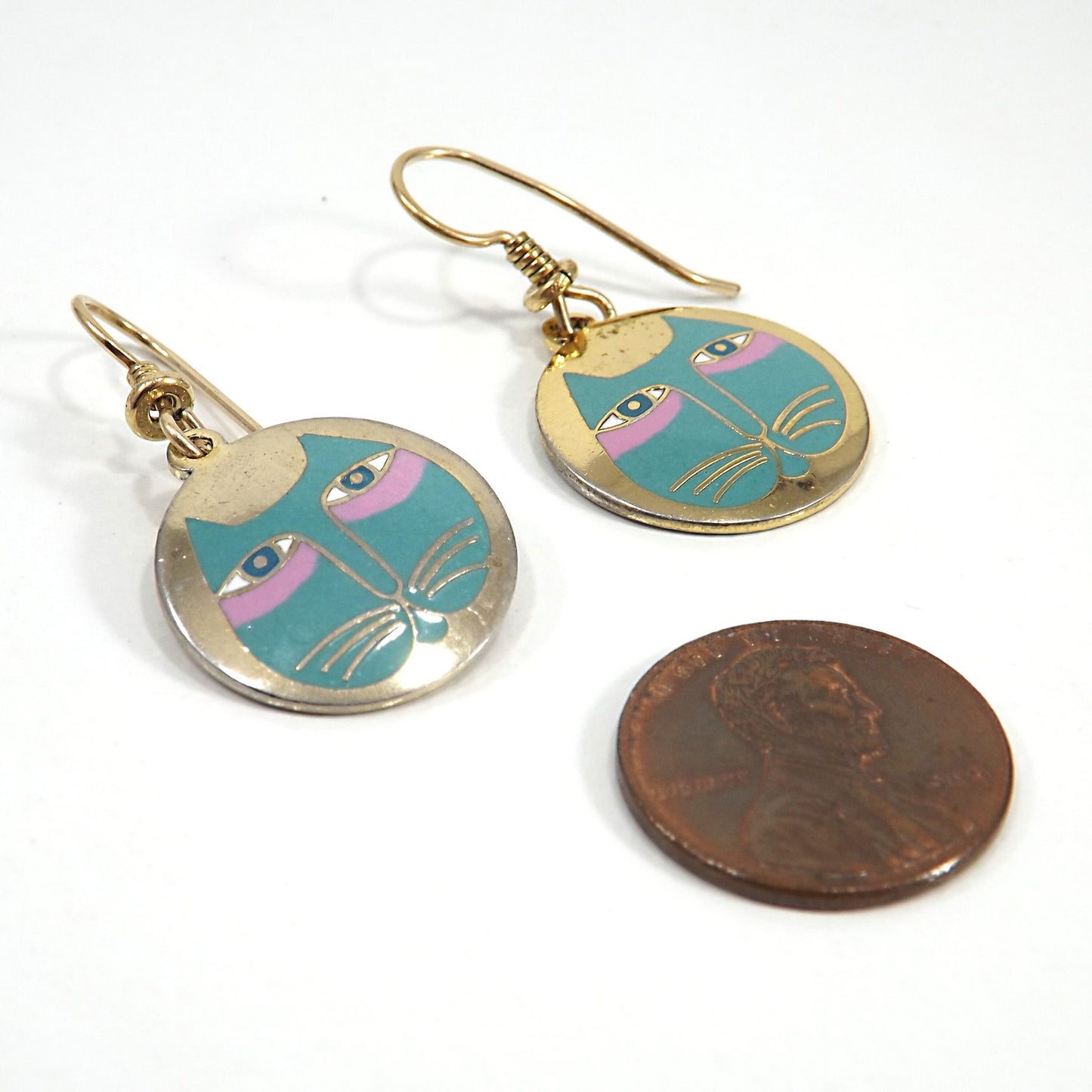 Vintage Laurel Burch "Moon Cat" Earrings, Teal Pink & Gold Cats