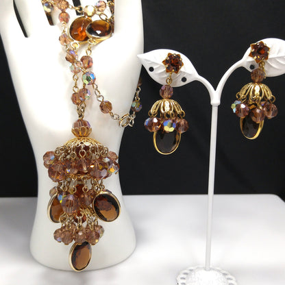 Filigree Chandelier Pendant Necklace & Earrings, Topaz Crystal Beads, 1970s Vintage Jewelry