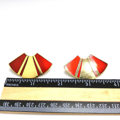 Laurel Burch Red Fan Post Earrings, Gold Plated, Red Metallic Enamel, 1980s