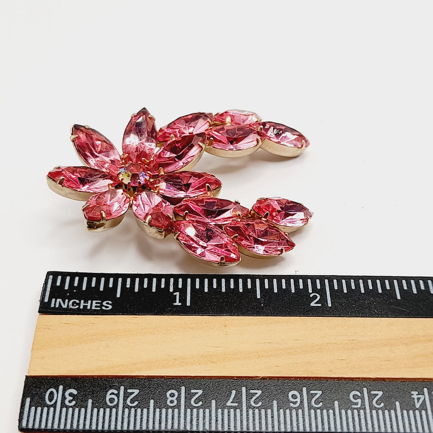 Vintage Pink Rhinestone Floral Brooch, Marquise Stones, 1950s Jewelry