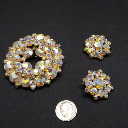 Vintage Unsigned Juliana or Weiss Brooch Earrings Set, Gold Plated, 1960