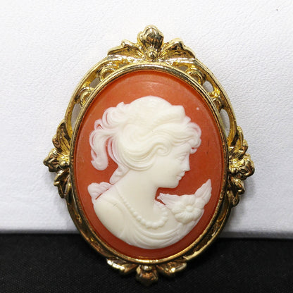Whiting & Davis Cameo Brooch Post Earrings Set, Lucite Jewelry, 1970s Vintage