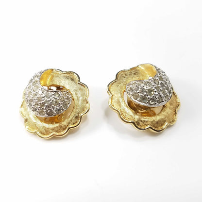 Vintage Jomaz Gold Plated Rhinestone Clip Earrings, Scalloped Edges, 1940s