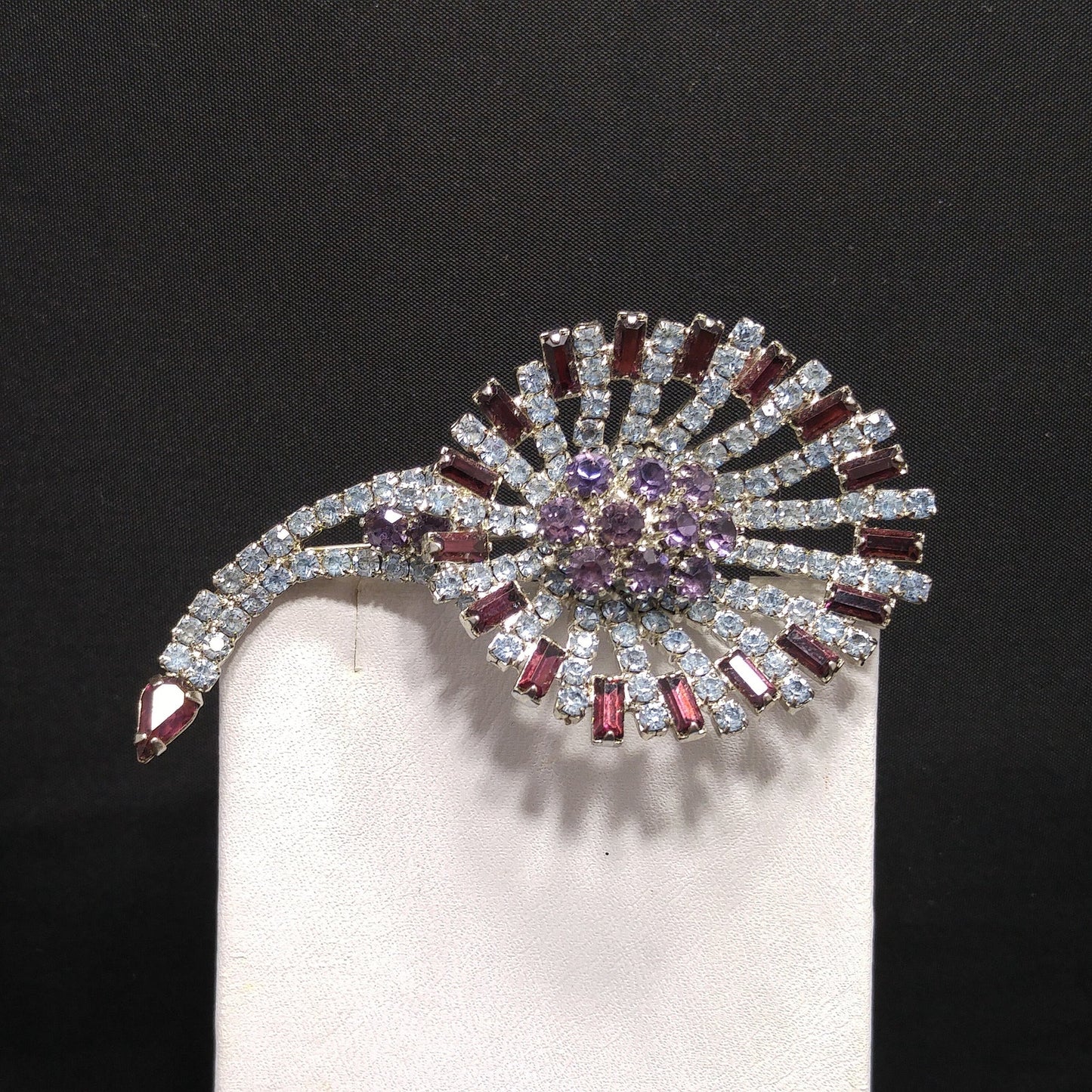 Hobe Purple Light Blue Rhinestone Lily Floral Brooch, Rhodium Plated, 1960s Vintage Jewelry
