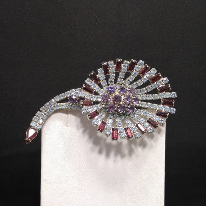 Hobe Purple Light Blue Rhinestone Lily Floral Brooch, Rhodium Plated, 1960s Vintage Jewelry