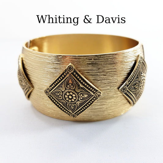 Whiting & Davis Hinged Bracelet, Golden Brass Wide Cuff, Triangle Designs, 1950s Vintage Jewelry