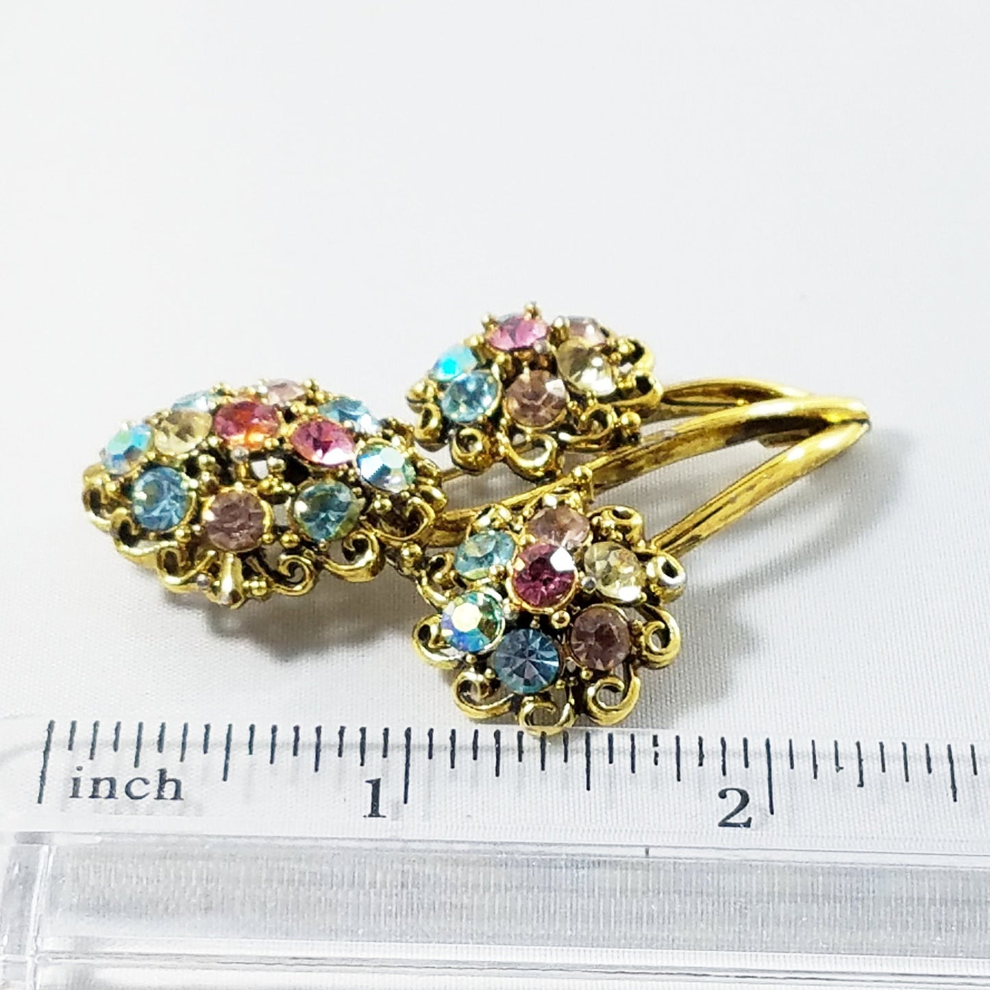Hollycraft Pastel Rhinestone Floral Brooch, Gold Tone Flower Pin, 1960s Vintage Jewelry