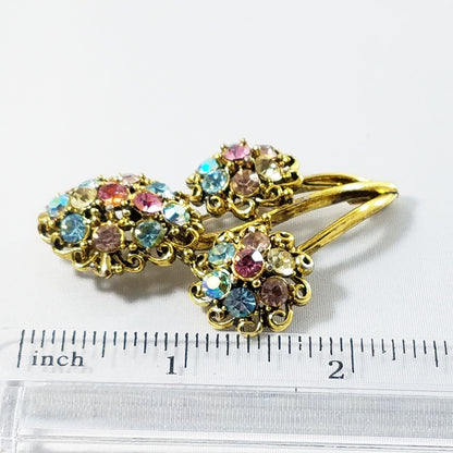 Hollycraft Pastel Rhinestone Floral Brooch, Gold Tone Flower Pin, 1960s Vintage Jewelry