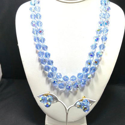 Light Blue Crystal Necklace Clip Earrings Set, Aurora Borealis, 1960s Vintage Jewelry
