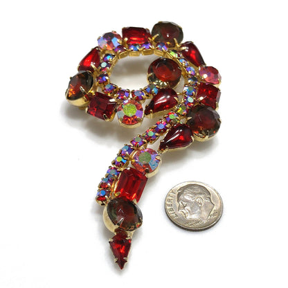 Red Aurora Borealis Rhinestone Question Mark Brooch, Gold Plated, 1960s Vintage Jewelry