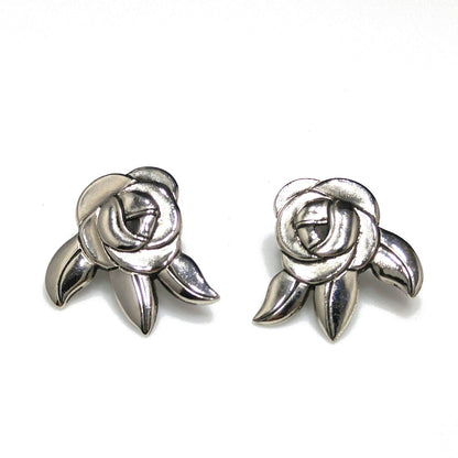 Vintage Laurel Burch Deco Rose Earrings, Rhodium Plated, Black Enamel, 1980s