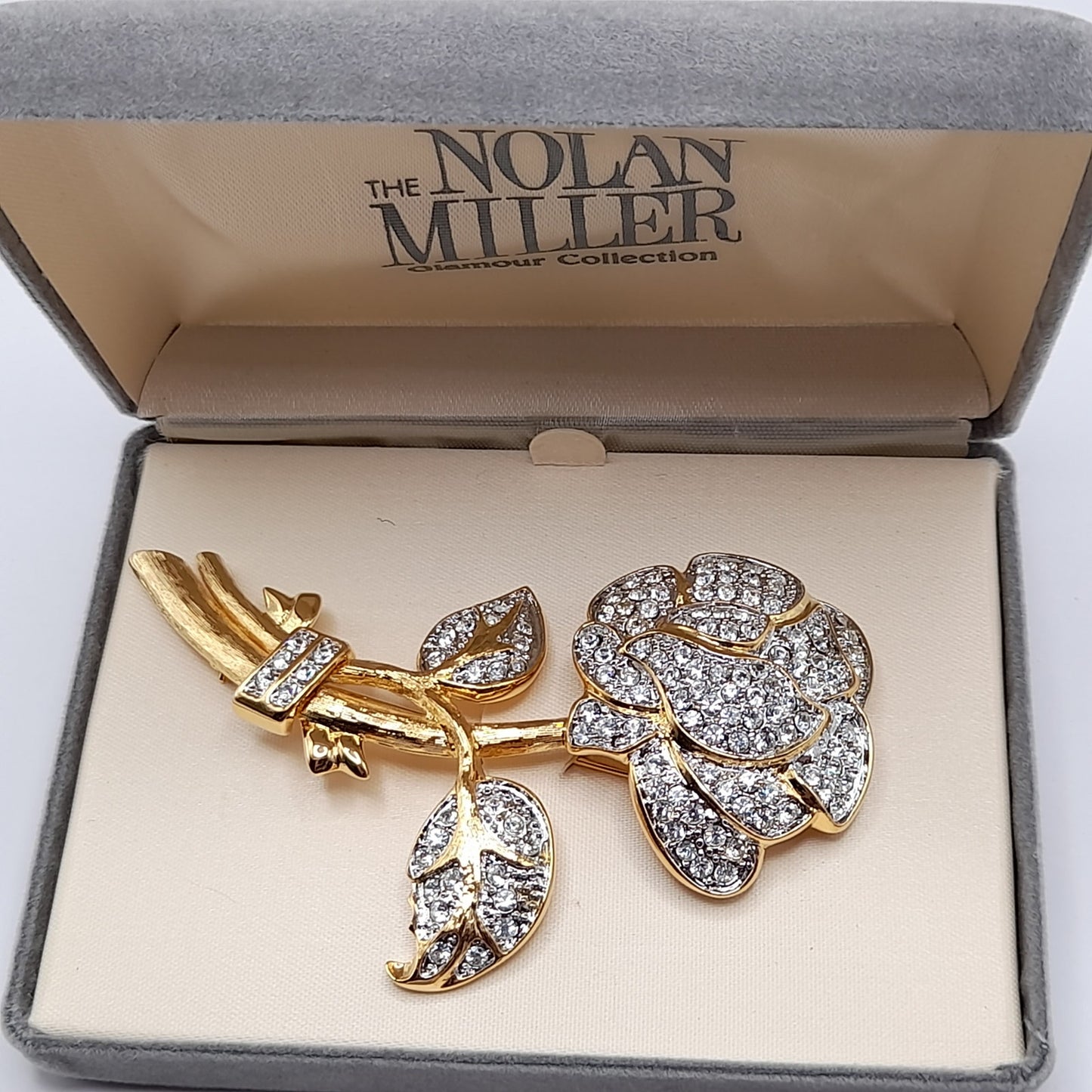 Vintage Nolan Miller Pave Rhinestone Gold Plated Large Brooch, Original Box, Vintage Gift