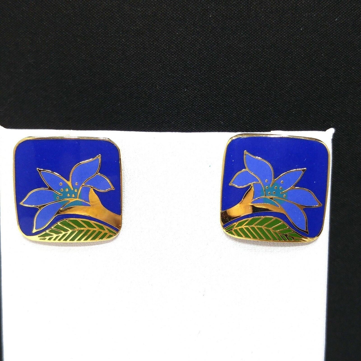 Laurel Burch "Wild Lily" Blue Post Earrings, Cloisonne Gold Plated, 1980s