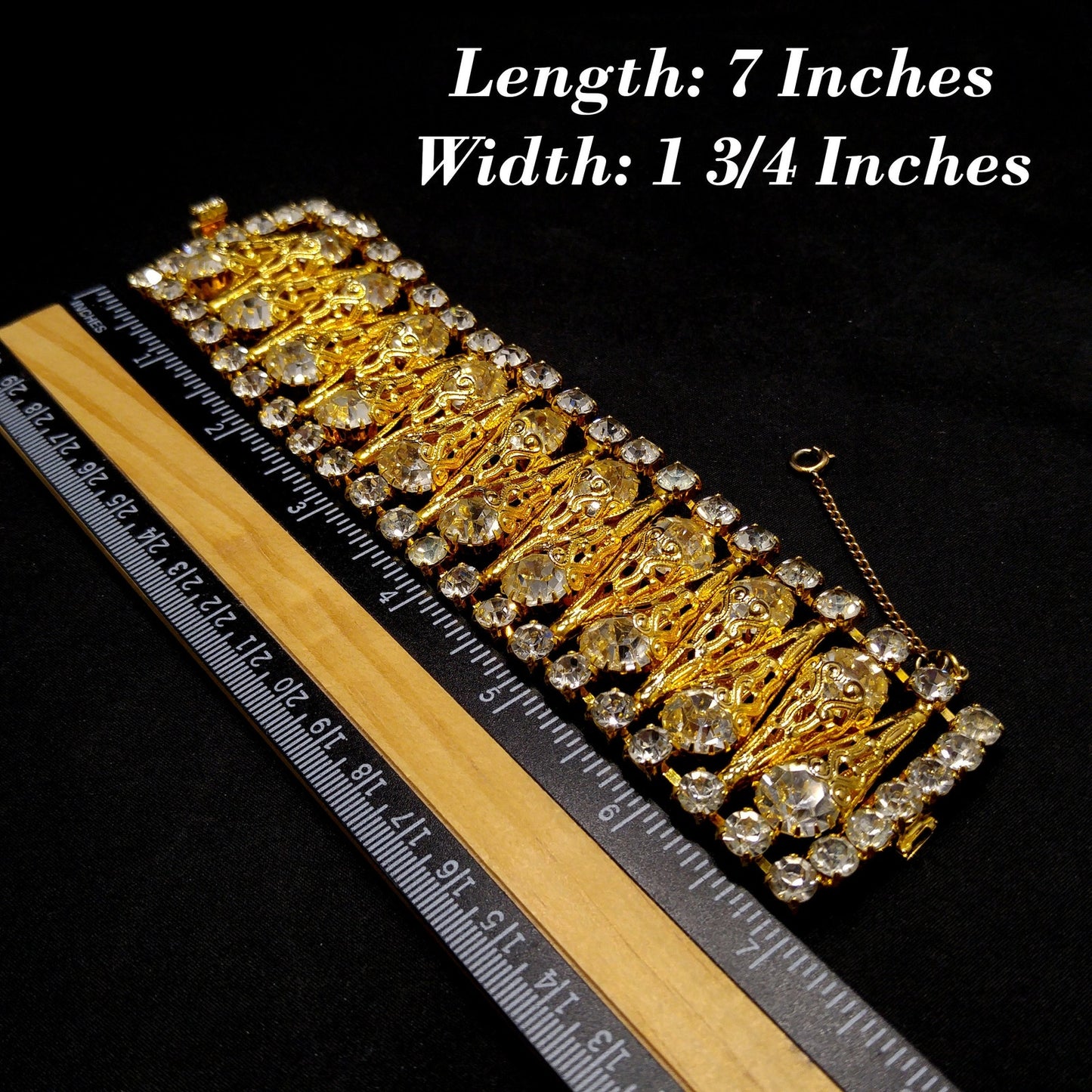 Vintage Clear Rhinestone Wide Filigree Bracelet Gold Tone Safety Chain 1950s