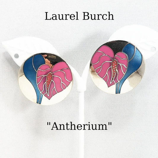 Vintage Laurel Burch "Antherium" Earrings Post Enamel Pink 1980s Vintage Jewelry