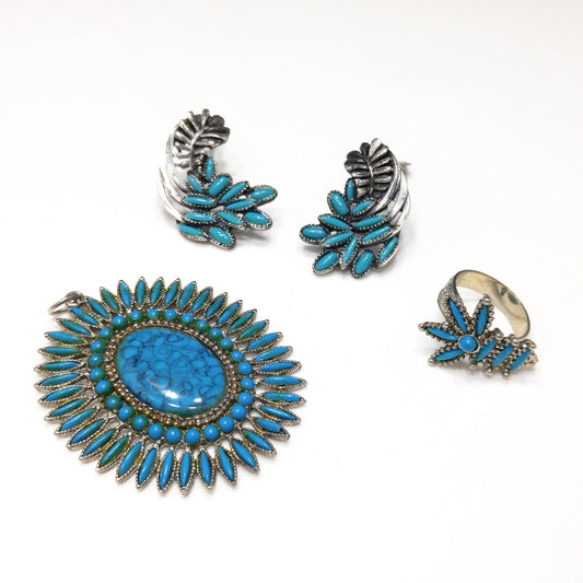 Vintage Southwestern Faux Turquoise Jewelry Set Pendant Ring Earrings 1970s