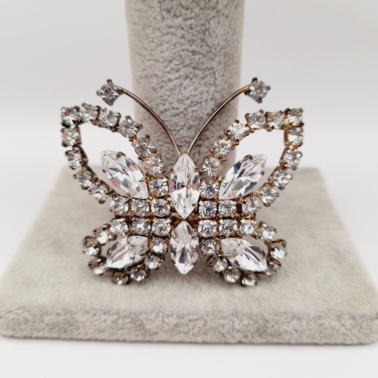 Vintage Mid-Century Clear Rhinestone Butterfly Brooch Pin Silver Tone