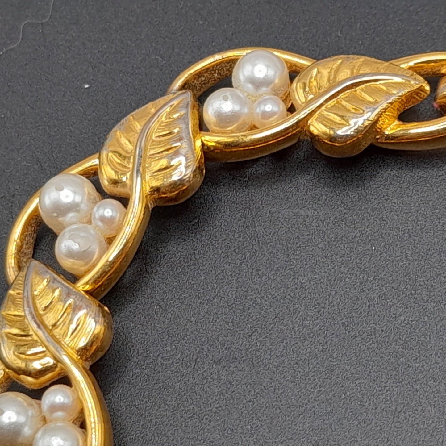 Vintage Napier 1980s Faux Pearl Leaves Gold Tone Bracelet, Pat. #4.774.743