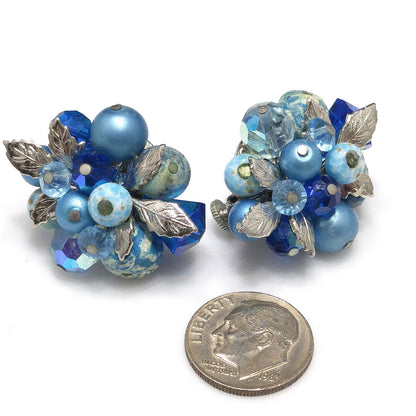 Vendome Blue Beaded Clip Earrings, Aurora Borealis, Silver Leaves, 1960s Vintage Jewelry