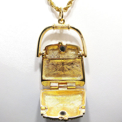 Swarovski Purse Pendant Necklace, Black Enamel & Crystal Handbag Locket, Vintage 1980s Jewelry