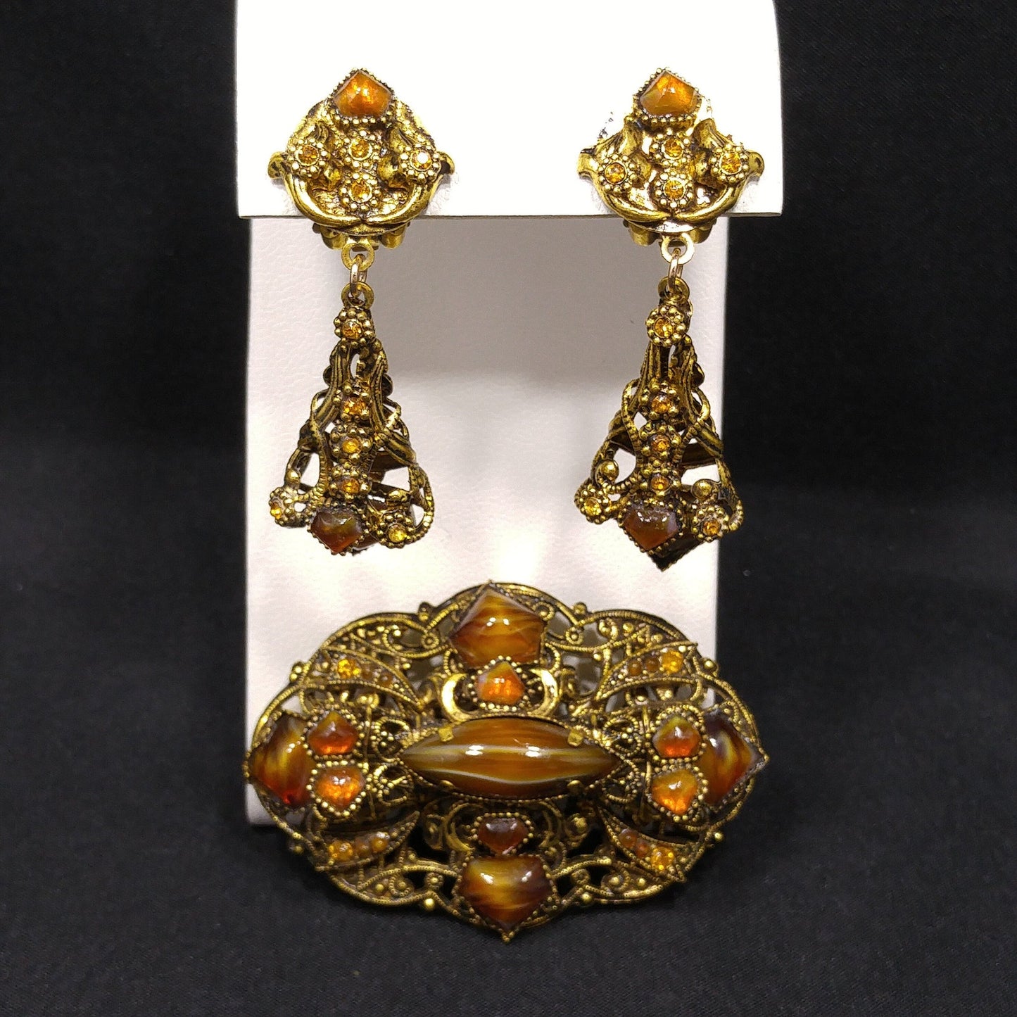 Filigree Topaz Art Glass Brooch & Clip Earrings, Dangle Earrings, 1950s Vintage Jewelry