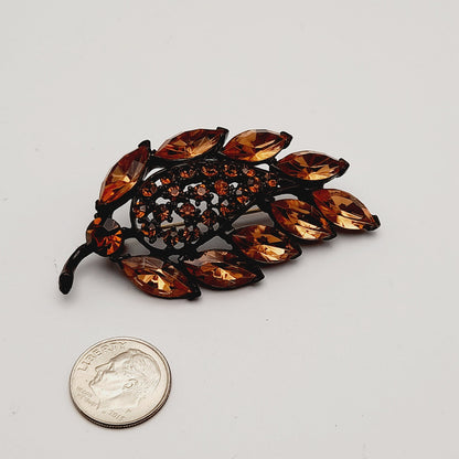 Vintage MGENT Topaz Rhinestone Leaf Japanned Brooch Pin