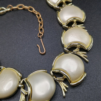 Creamy White Pearled Link Choker Necklace, Mid-Century, Gold Tone, 1950s Vintage Jewelry