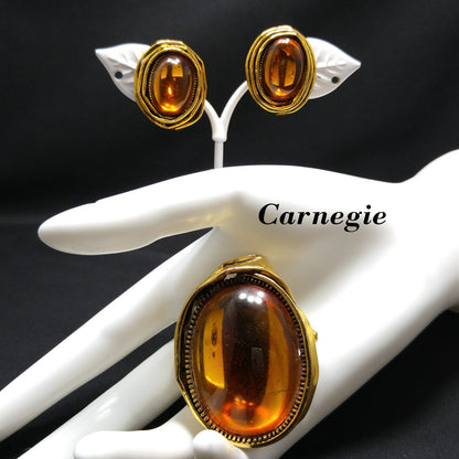 Vintage Carnegie Modernist Brooch Earrings, Light Topaz Glass, 1950s Vintage Jewelry