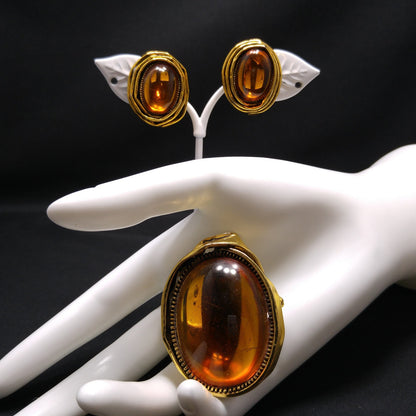 Vintage Carnegie Modernist Brooch Earrings, Light Topaz Glass, 1950s Vintage Jewelry