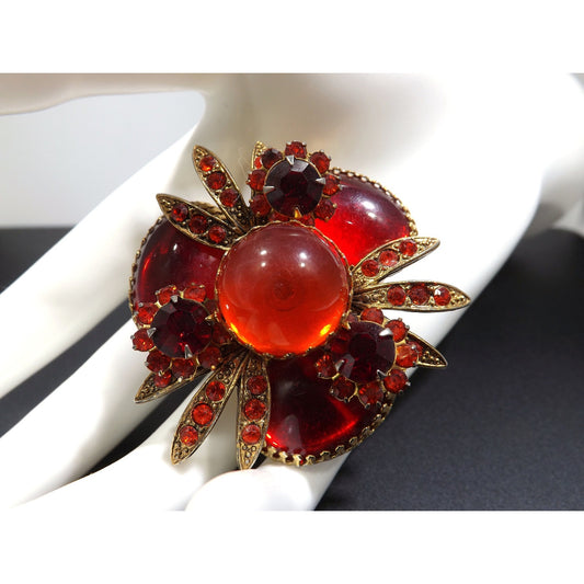 Red Rhinestone Orange Cabs Designer Brooch, Dog Tooth Cabochons, 1960s Vintage Jewelry