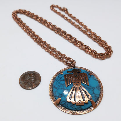 Copper by Bell Thunderbird Necklace, Faux Turquoise, 1970s Vintage Jewelry