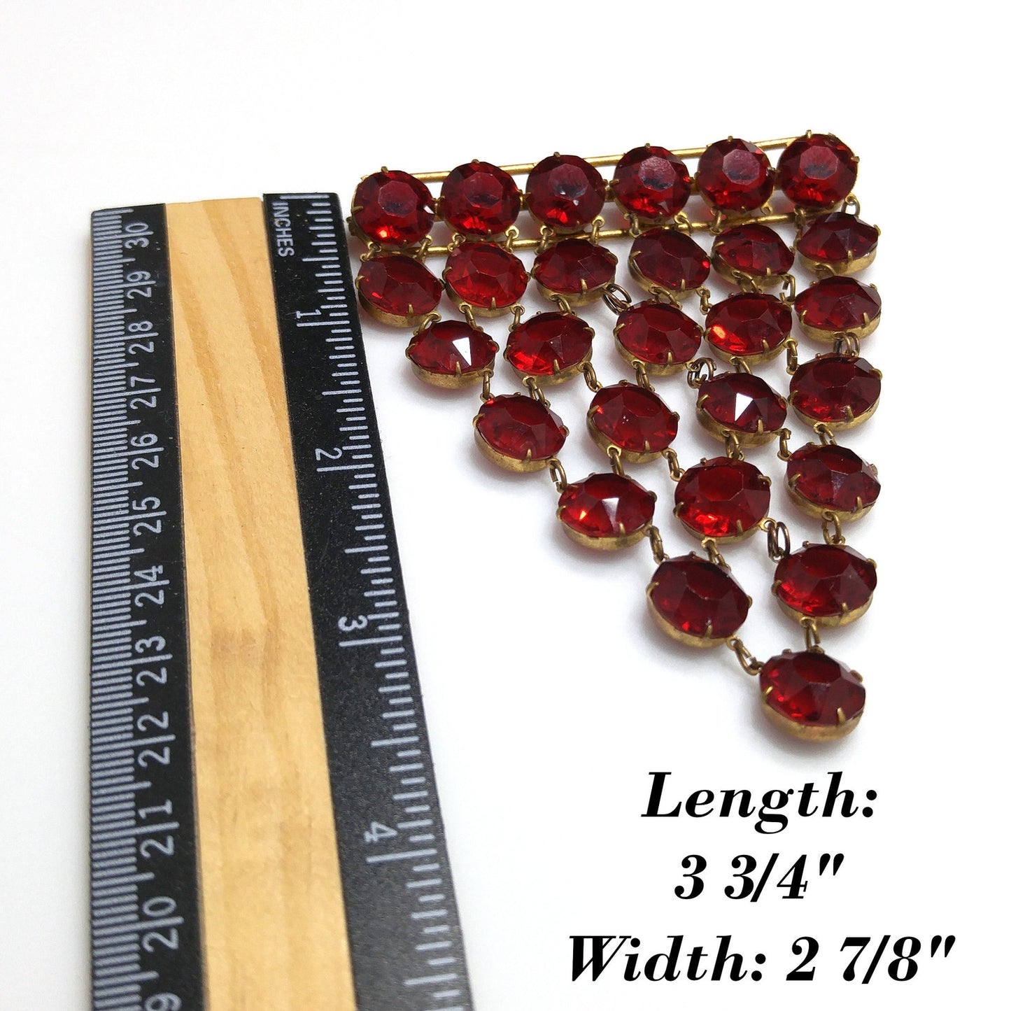 Garnet Red Crystal Rhinestone Hanging Brooch, Large Pointed Back Glass Stones, 1940s Vintage Jewelry