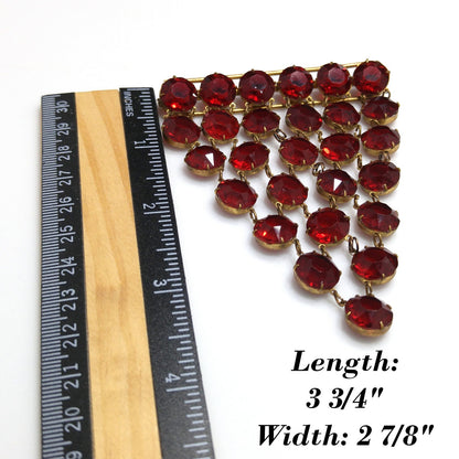 Garnet Red Crystal Rhinestone Hanging Brooch, Large Pointed Back Glass Stones, 1940s Vintage Jewelry