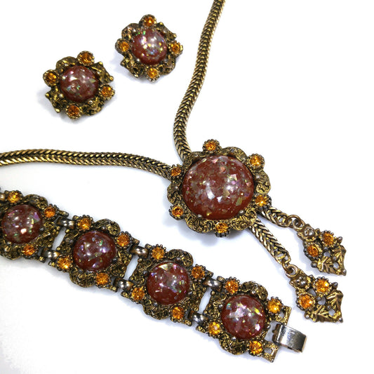 Glitter Lucite Light Topaz Rhinestones Jewelry Set, Necklace Bracelet Clip Earrings, 1950s Vintage Jewelry