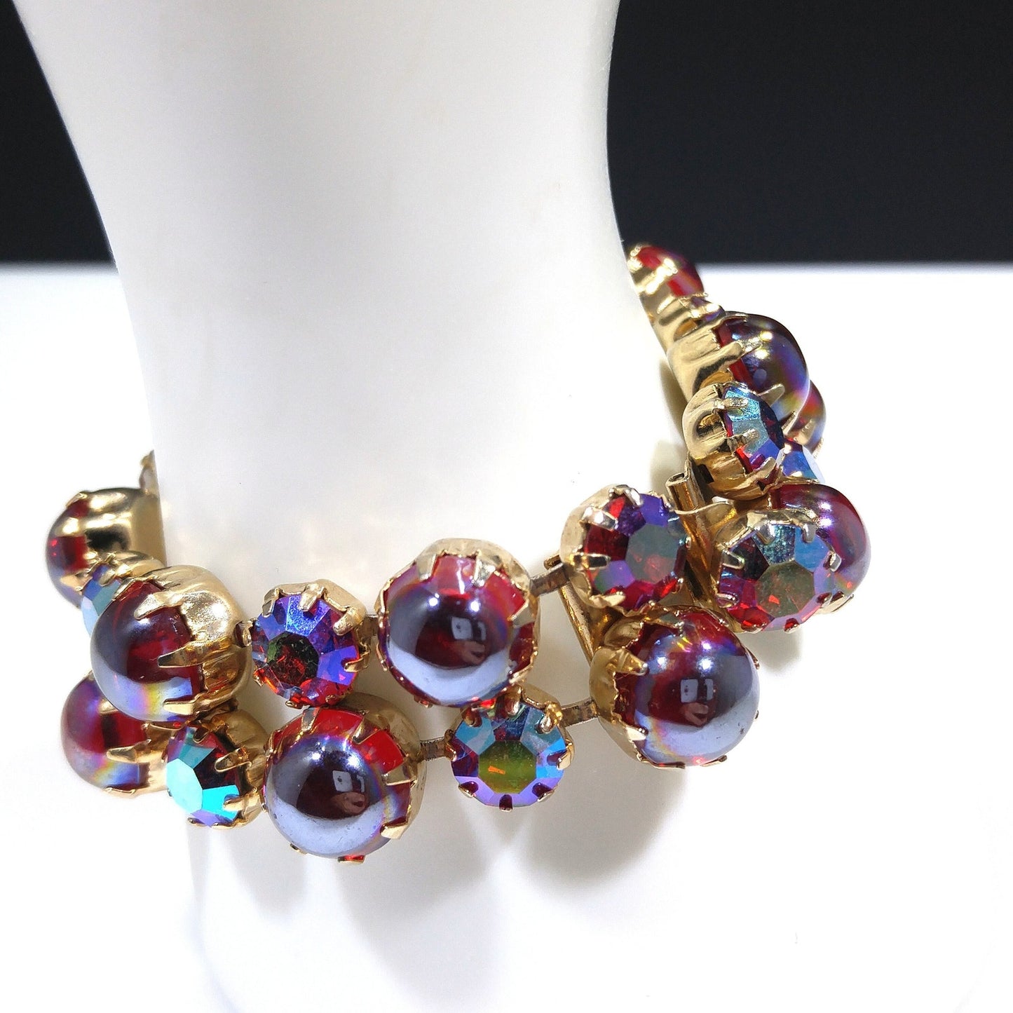 Mid-Century Red Aurora Borealis Rhinestone Cabochon Bracelet, Gold Plated, 1960s Vintage Jewelry