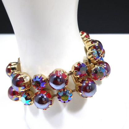 Mid-Century Red Aurora Borealis Rhinestone Cabochon Bracelet, Gold Plated, 1960s Vintage Jewelry