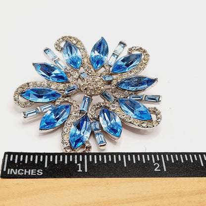 Vintage Rhodium Plated Blue Clear Rhinestone Floral Brooch – 2 1/4 Inches