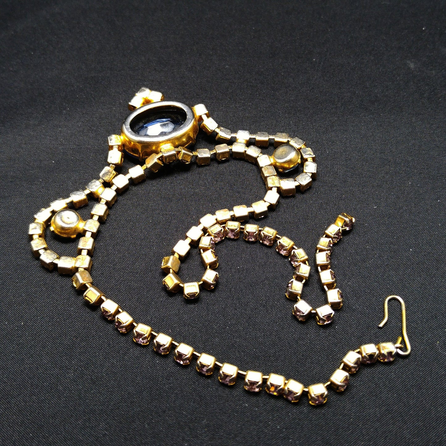 Large Blue & Pink Rhinestone Necklace, Gold Plated, 1950s Vintage Jewelry