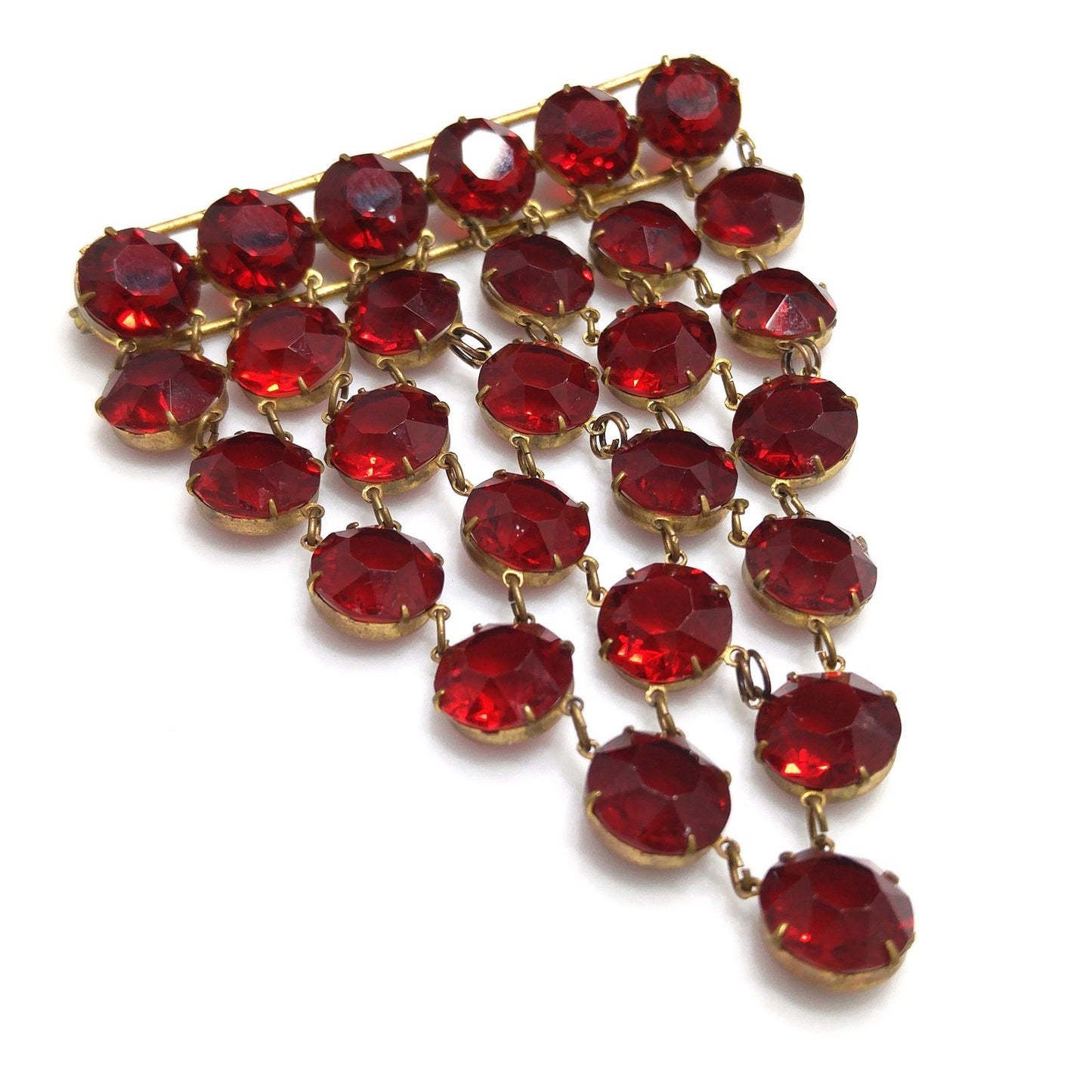 Garnet Red Crystal Rhinestone Hanging Brooch, Large Pointed Back Glass Stones, 1940s Vintage Jewelry