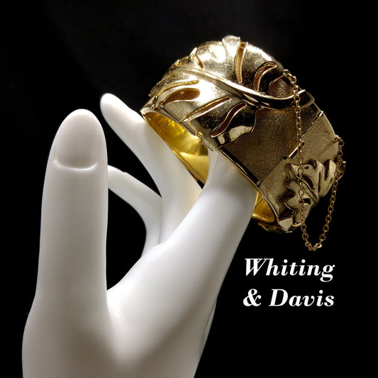 Whiting & Davis Gold Plated Leaf Bracelet, Hinged Wide Clamper, 1950s Vintage Jewelry