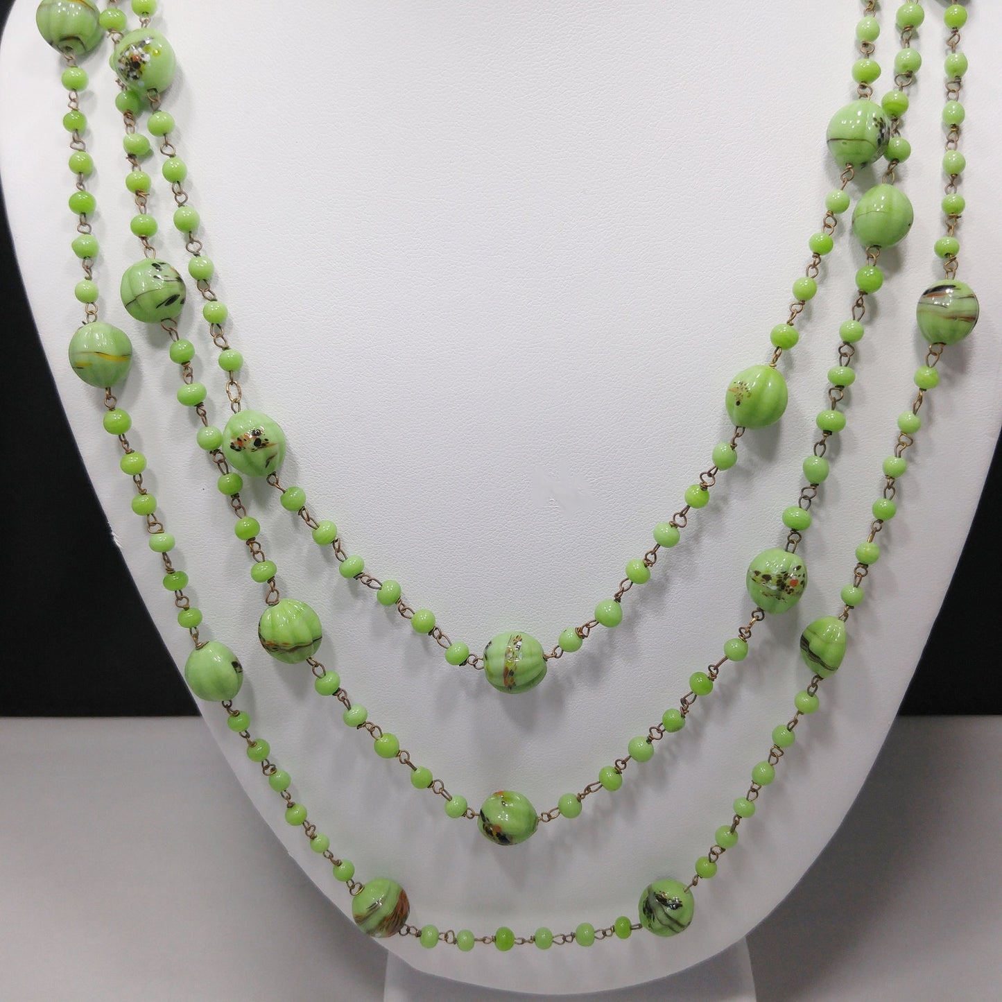 Art Deco 1920s Hand Painted Green Glass Bead Flapper Necklace 70" Wire Wrapped