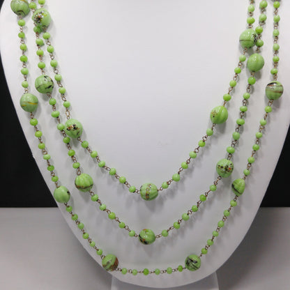 Art Deco 1920s Hand Painted Green Glass Bead Flapper Necklace 70" Wire Wrapped