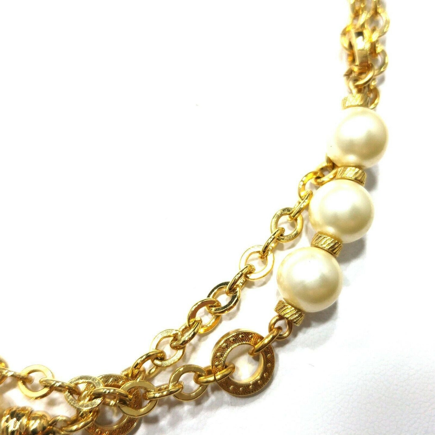 Vintage Monet Long Gold Chain Necklace Faux Pearls 1970s Sister Clasp 36"