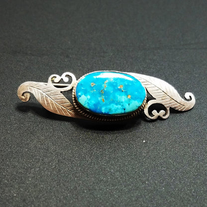 Sterling Silver Turquoise Gemstone Brooch, Bevel Set Stone, Artisan 1960s
