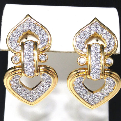 Swarovski Swan Logo Gold Plated Heart Drop Clip Earrings Clear Pave Crystals 90s