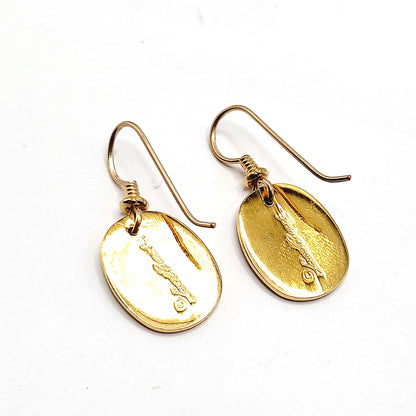 Laurel Burch Purple Enamel Earrings, Vintage Gold Plated Drop Earrings, 1980s Artistic Designer Jewelry
